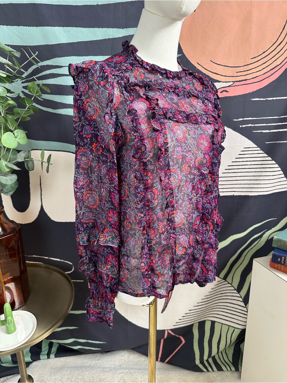 Cleobella Purple Ruffle Sheer Blouse size XS